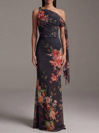 Silvia | Abito Maxi Nero Monospalla in Chiffon