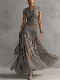 Serena | Completo Grigio con Gonna Maxi Plissettata