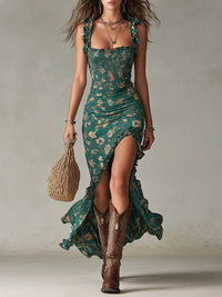 Nicoletta | Abito Maxi Verde Boho con Volant
