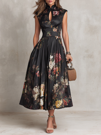 Daniela | Abito Midi Nero Floreale in Raso