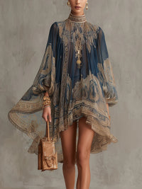Martina | Mini Abito Blu Navy con Stampa Barocca
