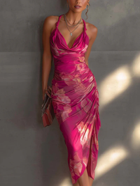 Angela | Abito Fucsia Floreale con Spacco