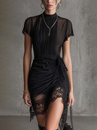 Paola | Mini Abito Nero in Chiffon con Pizzo