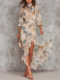 Antonella | Abito Maxi Beige con Stampa Floreale Artistica