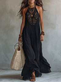 Francesca | Abito Maxi Nero Boho con Pizzo